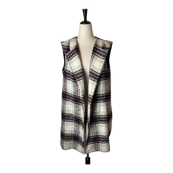 Thakoon Design Nation Vest Women Large Ivory Black Plaid Notch Lapel Open Long - Picture 2 of 13